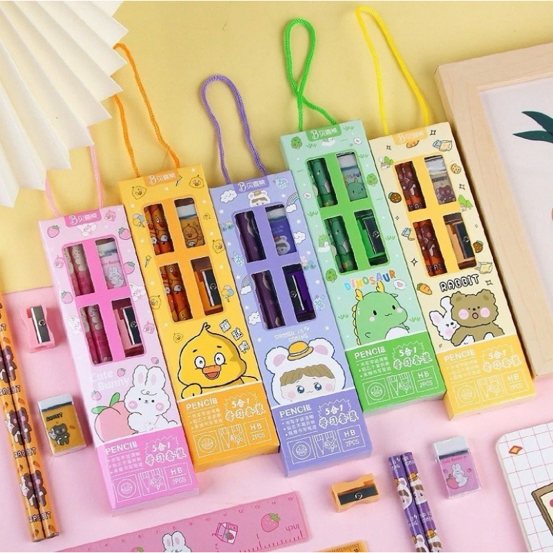 

STATIONARY SET 5IN1 ALAT TULIS ANAK SEKOLAH PENGHAPUS, PENGGARIS, DAN SERUTAN LUCU