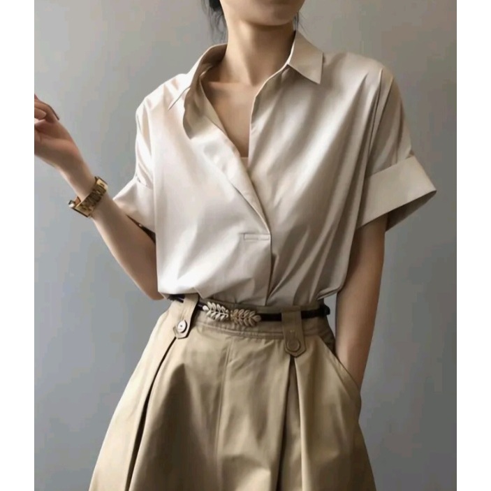 ATASAN WANITA BLOUSE KEMEJA KATUN TWILL KEMEJA SANTAI KEMEJA KERJA CASUAL KOREAN STYLE V NECK