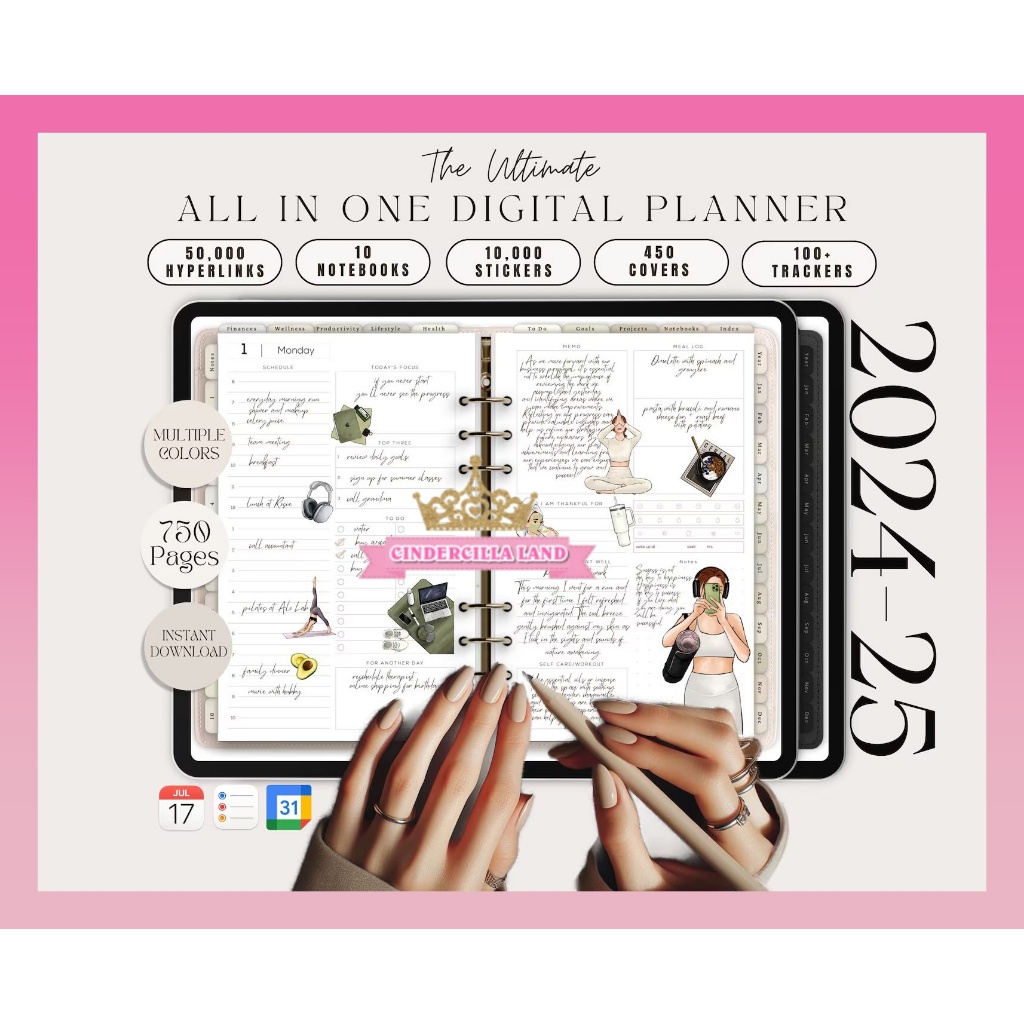 CINDERCILLA LAND All-in-One Dated Digital Planner 2024, 2025, Budget, Fitness, Notebook, Daily Plann