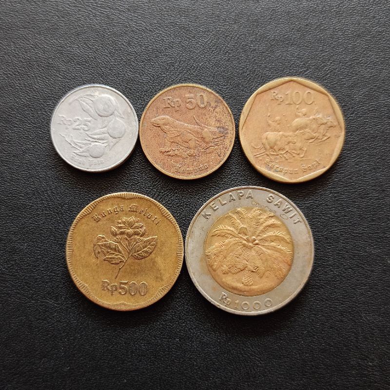 Set Koin UangKuno Logam Indonesia Rp 25 50 100 500 1000 Rupiah tahun 90 an Pala Komodo Karapan Sapi 