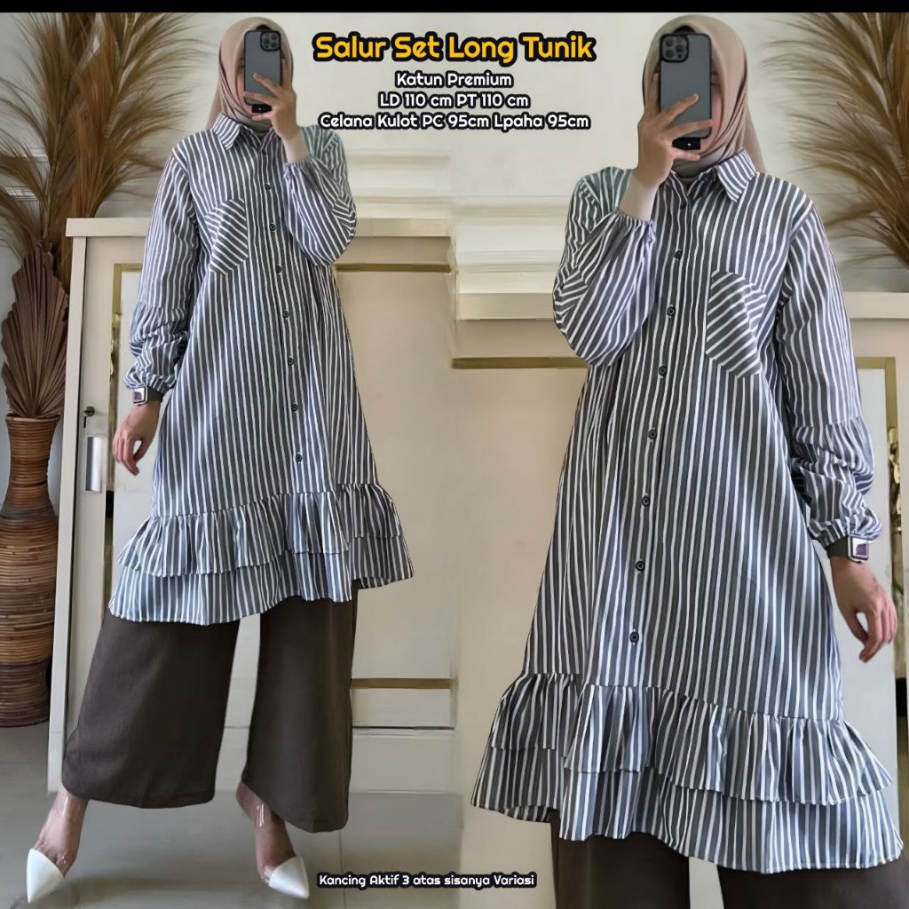 Salur Set - One Set Wanita Tunik Katun Premium Setelan Wanita Kekinian Kancing Baju Wanita Rempel