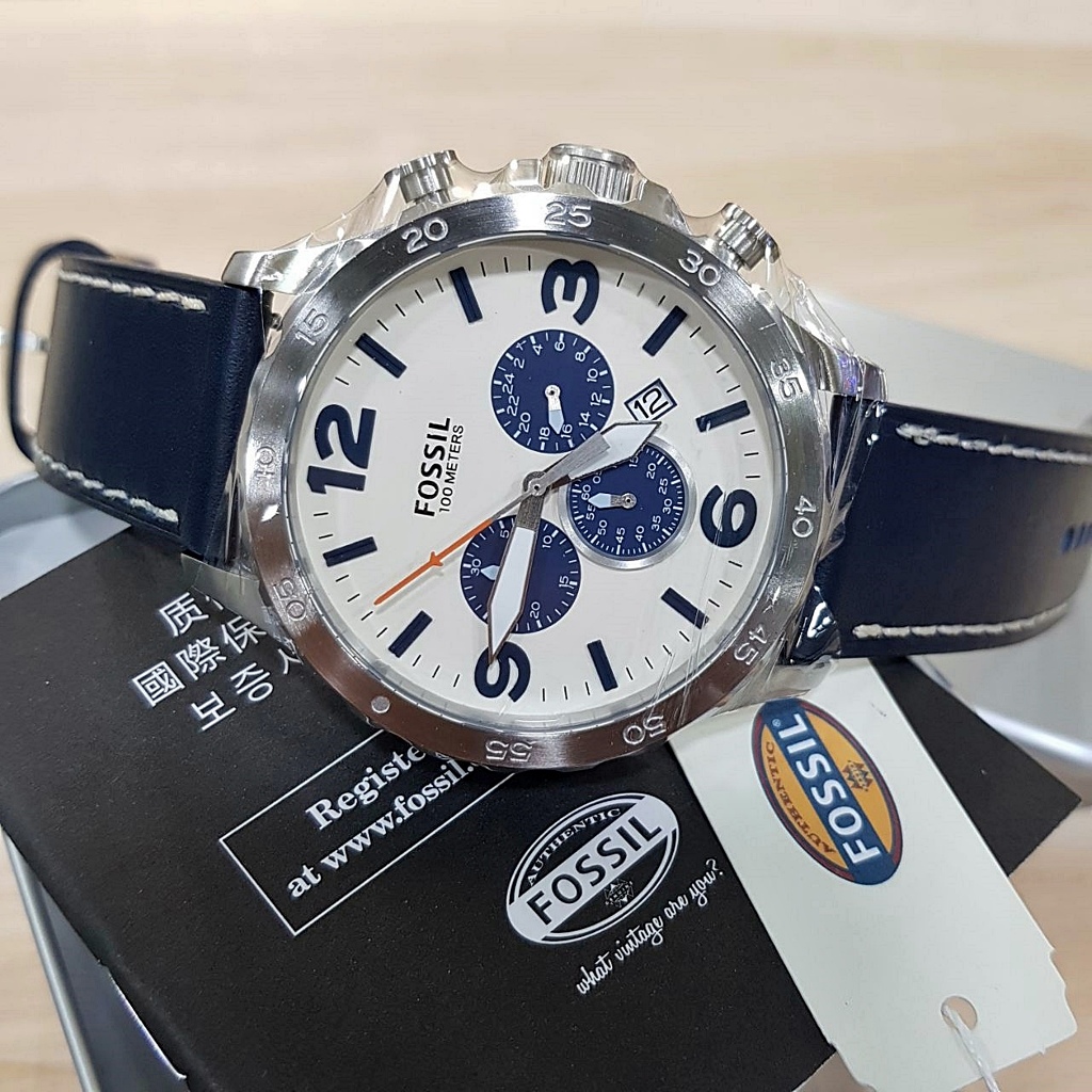 Jam Tangan Pria FL N*t* JR1480 Chronograph White Dial Silver Navy Leather
