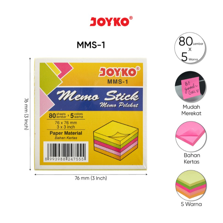 

Memo Stick Kertas Memo Tempel Sticky Note Joyko MMS-1 1 Pak 5 Warna Pastel x 80 Lembar