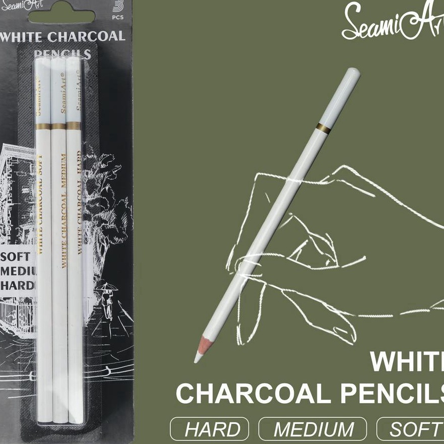 

FG2 SeamiArt 3pcs White Charcoal Pencil set pensil arang putih Hard Medium Soft pensil sketsa