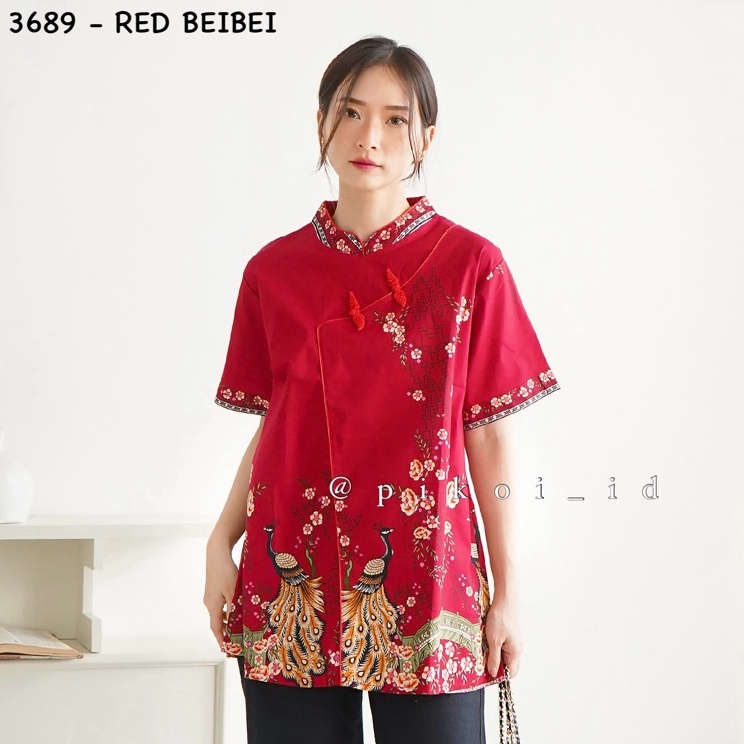 Obral Istimewa  Atasan Cheongsam Batik Merah CNY  Baju Congsam Qipao Sincia Katun Stretch  Top batik