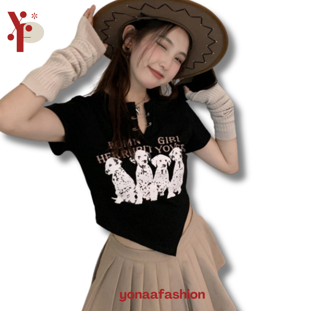 YN BJ391 Baju Kaos Croptop Sexy Motif Print V-Neck Lengan Pendek Korean Style