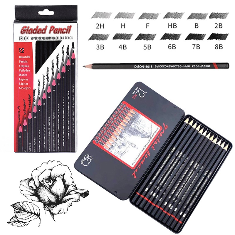 

Ay00! Graphite/Charcoal Sketch Pencil Peralatan Menggambar Pensil Sketsa Satuan Kotak Besi-12 pcs