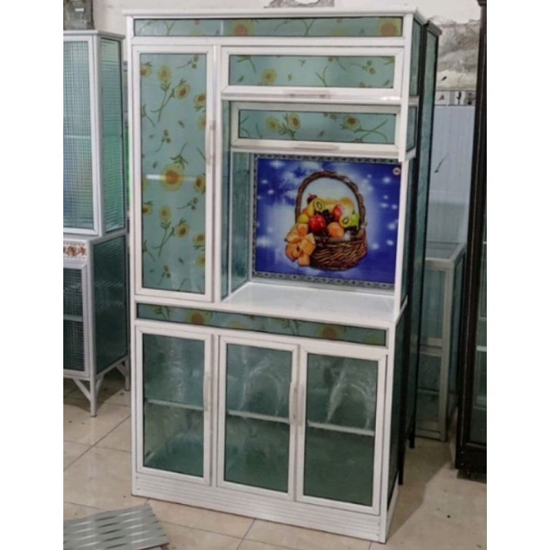 lemari dapur rak piring aluminium kaca