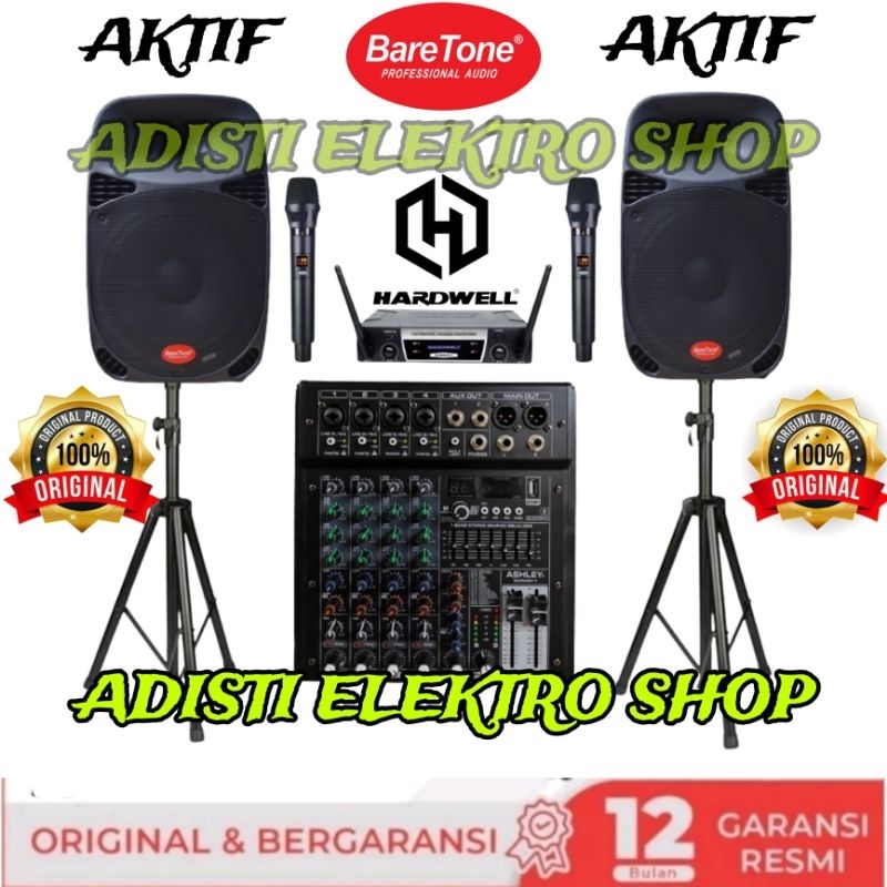 PAKET KARAOKE AKTIF BARETONE 15 INCH MIXER ASHLEY 4 CHANNEL PAKET SPEAKER AKTIF BARETONE 15INCH