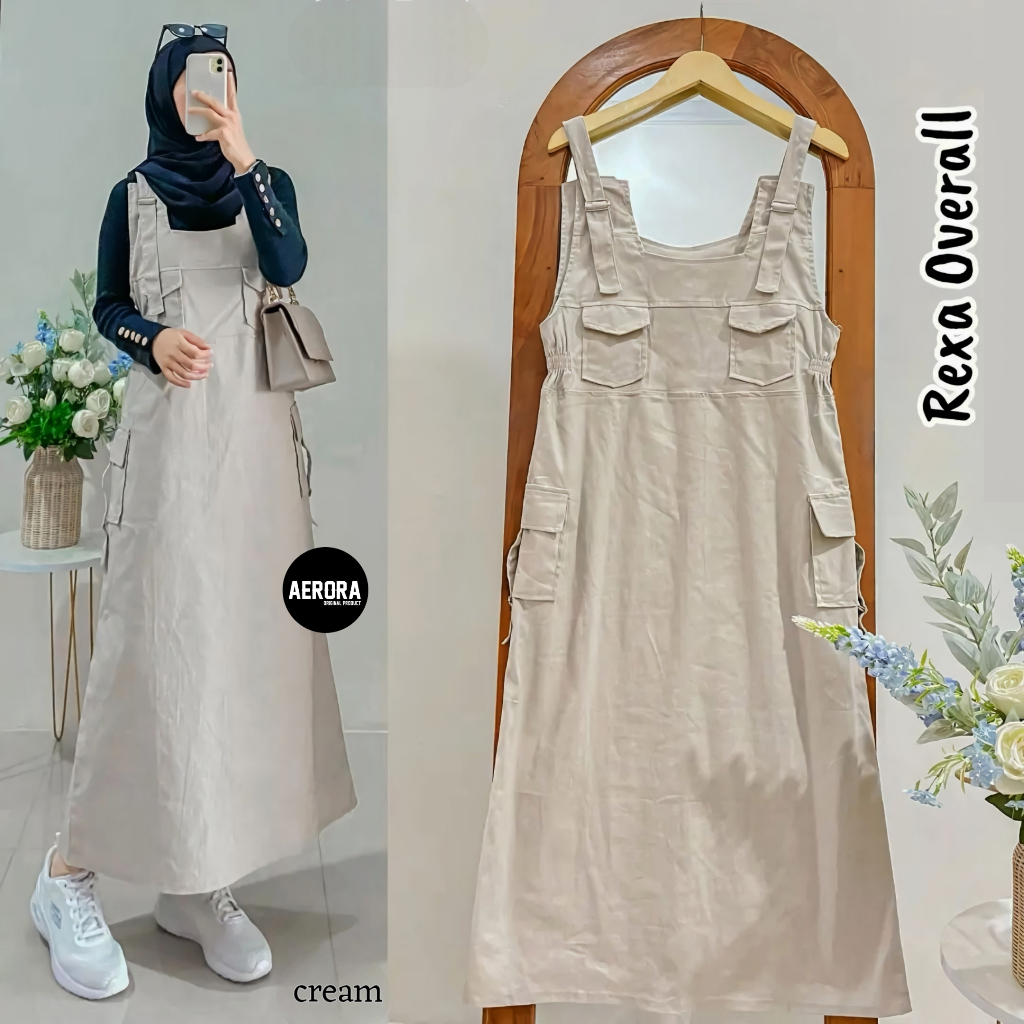 Aerora Baju Kodok Rexa Overall Overal Rok Cargo Dress Wanita Katun Twill Stretch Terbaru 2025 Muslim