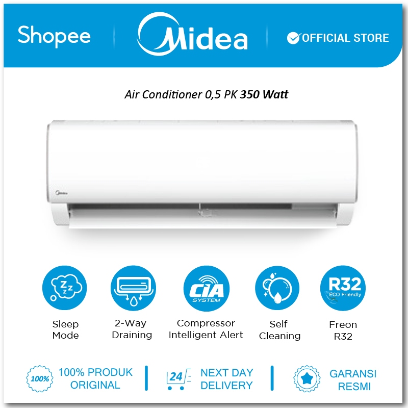 [TURUN HARGA] Midea AC Standard 1/2 PK ( 0.5 PK ) 350 Watt - Freon R32 Series MSAF-05CRN2X (Unit Ind