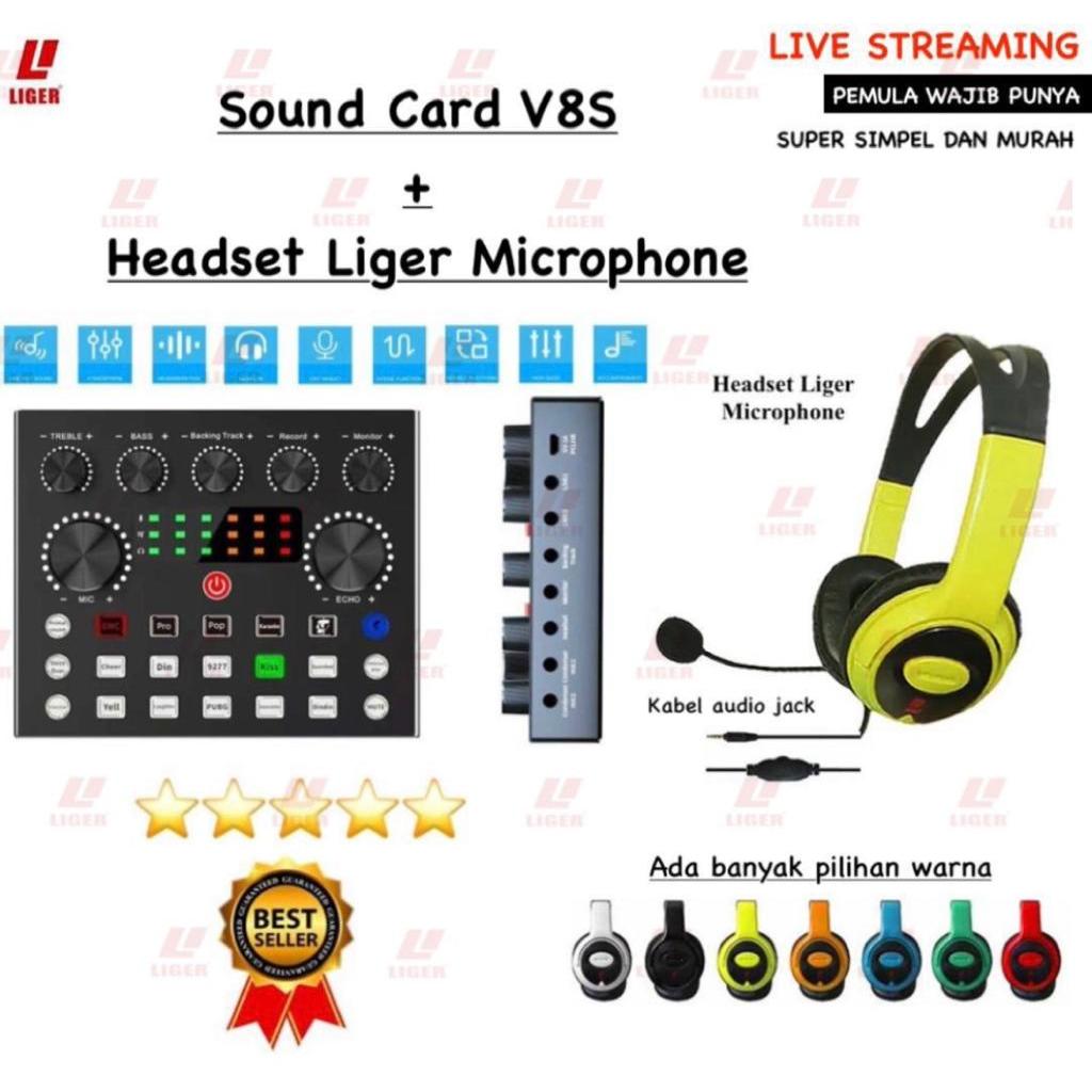 Uptrend - Paket Pemula Sound Card V8s Plus Headset  Bando Liger Microphone X10 Alat Audio Kartu Colo