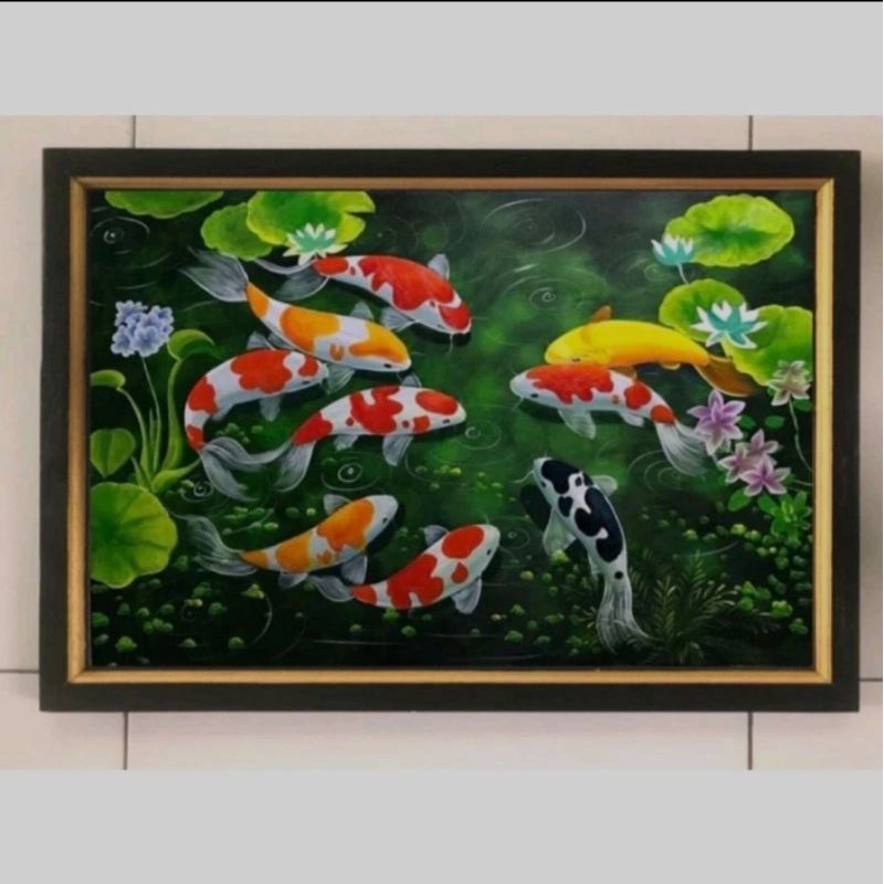 Hiasan dinding lukisan cetak ikan koi plus bingkai UK 35x52cm