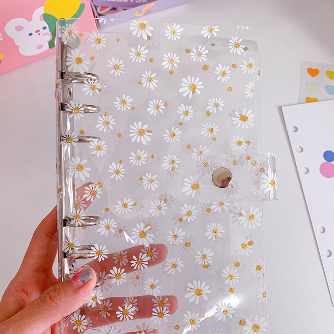 

KI3 A6 A7 Clear Soft PVC flower Notebook Binder Cover Planner 6Ring LooseLeaf Folder