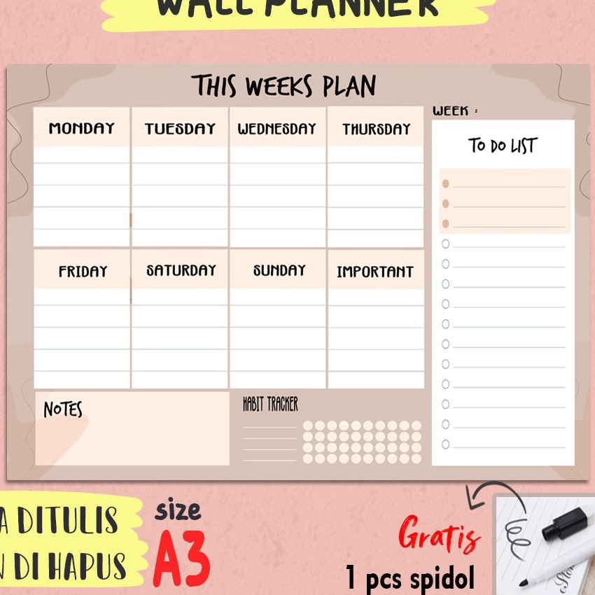 

FG2 Weekly Planner wall Week Plan with Habit Trackernotes to do list size A3