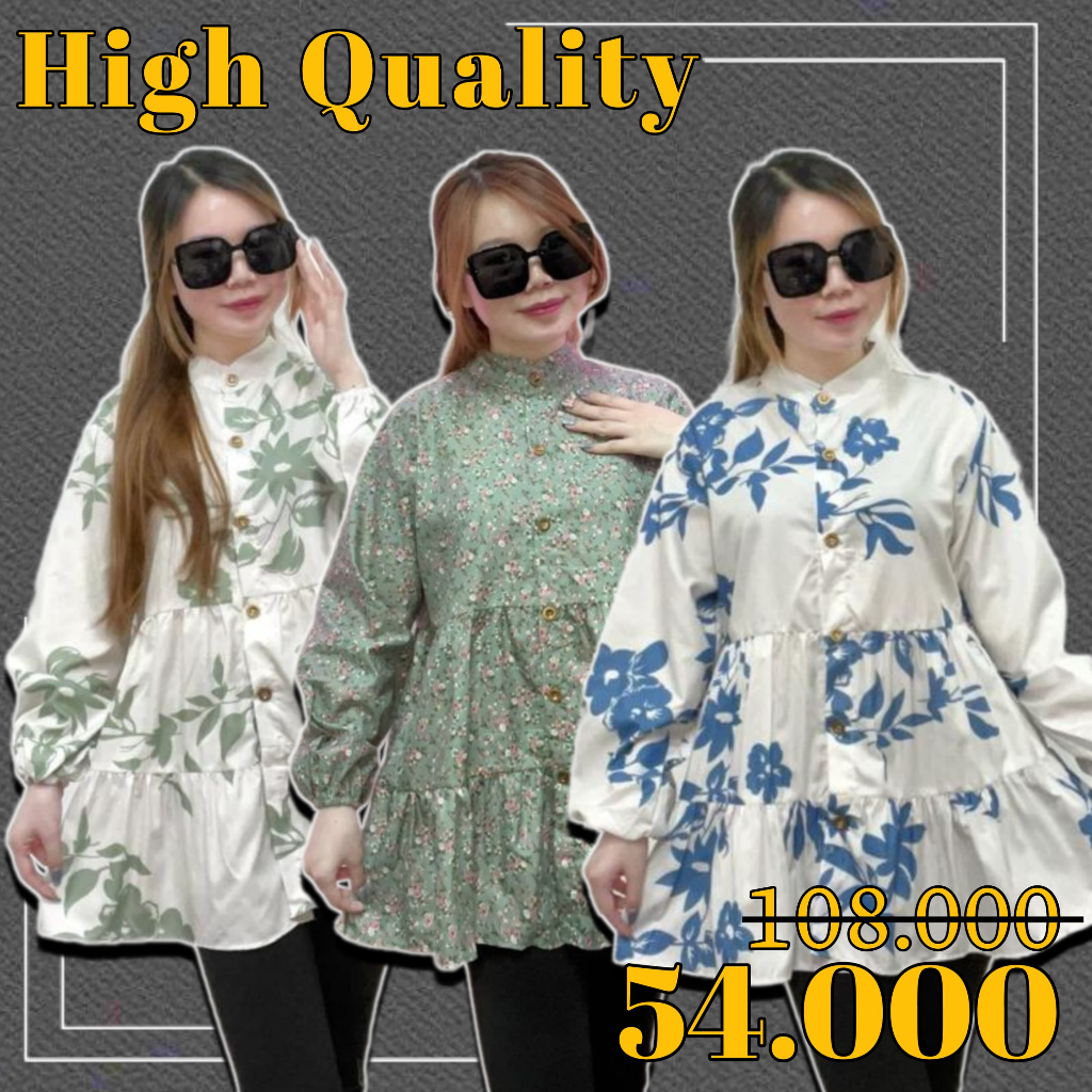 Blouse Korean Style Atasan Oversize Top Wanita Ootd Kekinian Motif Bunga Hijab Friendly