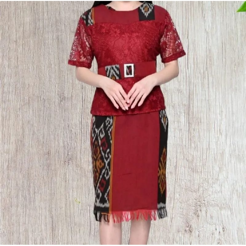STELAN BAJU BROKAT KOMBINASI ROK TENUN WANITA MOTIF ELEGAN