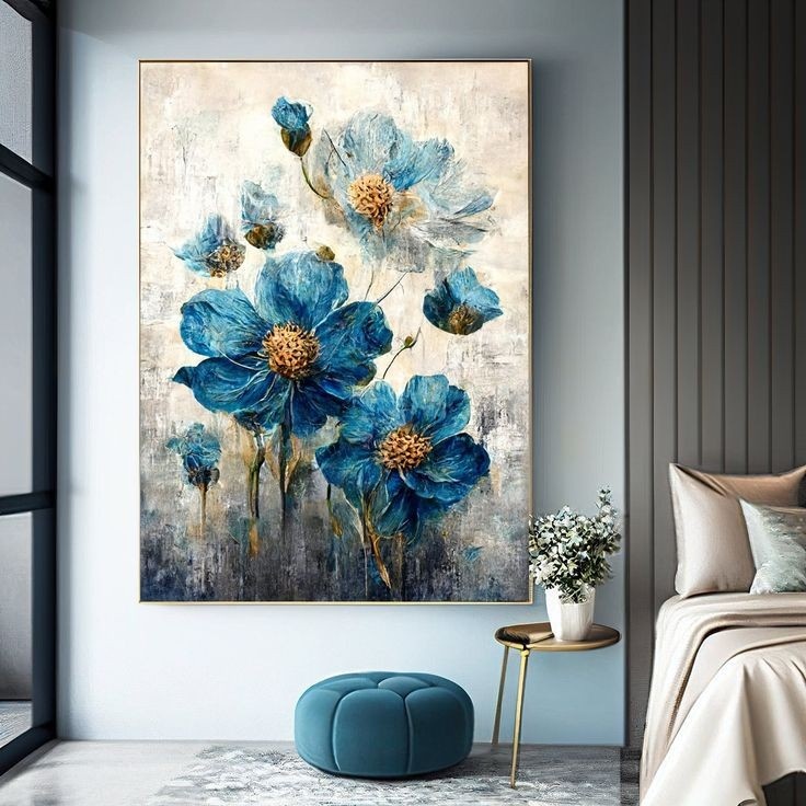 HIASAN LUKISAN DINDING AESTHETIC BUNGA BIRU ABSTRAK GAYA KLASIK MINIMALIS PAJANGAN KAMAR CEWE MODERN