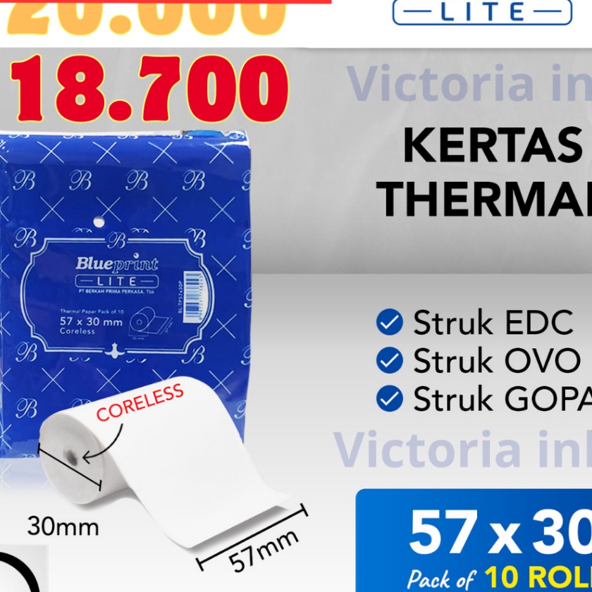 

Premium Kertas Thermal 573 57x3 Thermal Blueprint Printer Lite 58 Cocok Untuk Printer Mini 58mm 57mmx3mm EDC POS BRI PPOB Coreless
