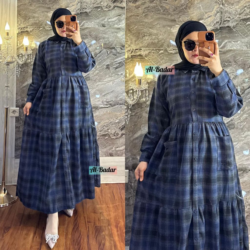 Grosir Gamis Kotak Kerah Kancing Model Terbaru/Gamis Flanel/Gamis Kotak Import/Dres Kotak
