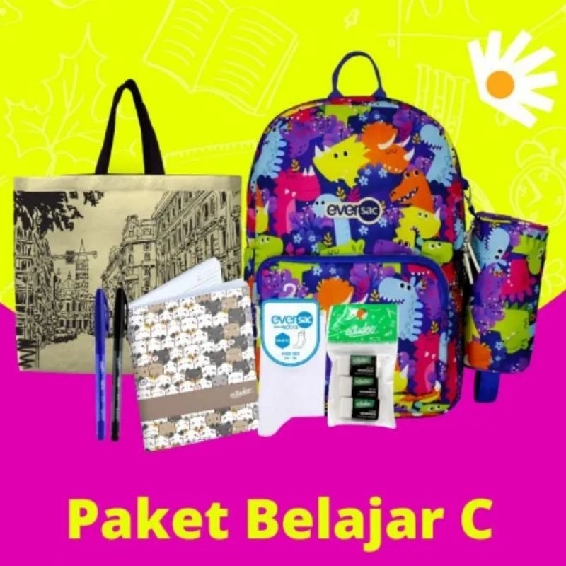 

TAS SEKOLAH/ EVERSAC BACKPACK/ PAKET BELAJAR : TAS EVERSAC BEBAS PILIH, ESTUDEE BUKU TULIS KWARTO/B5, EVERSAC KAOS KAKI, BALLPOIN KAKO, ESTUDEE PENGHAPUS SET, GODDYBAGS