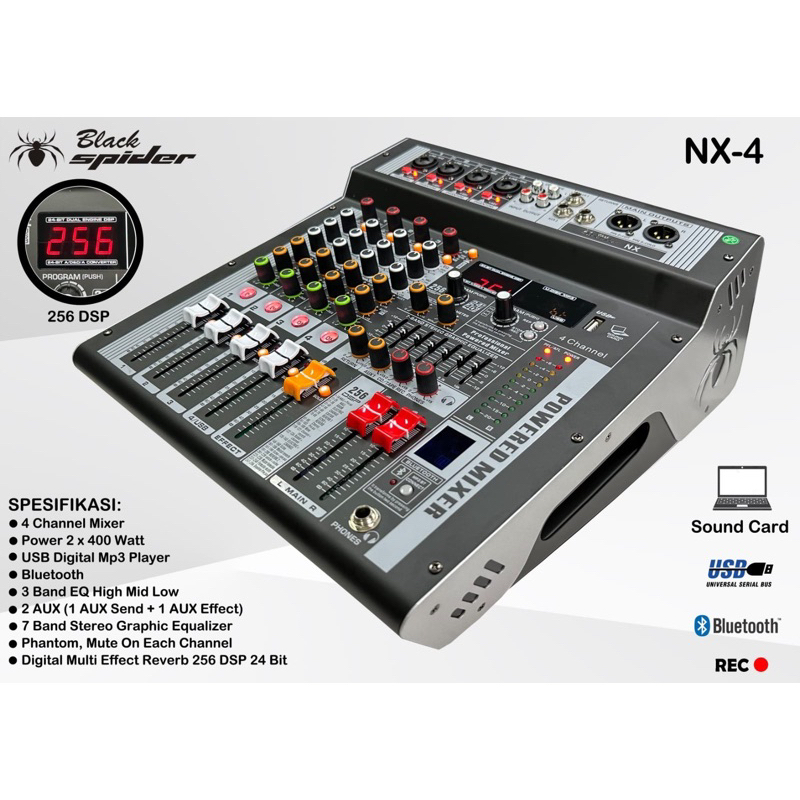 BLACKSPIDER POWER MIXER AUDIO BLACKSPIDER NX4 New 256 DSP / BLACK SPIDER NX 4 POWER MIXER 4 CHANEL B
