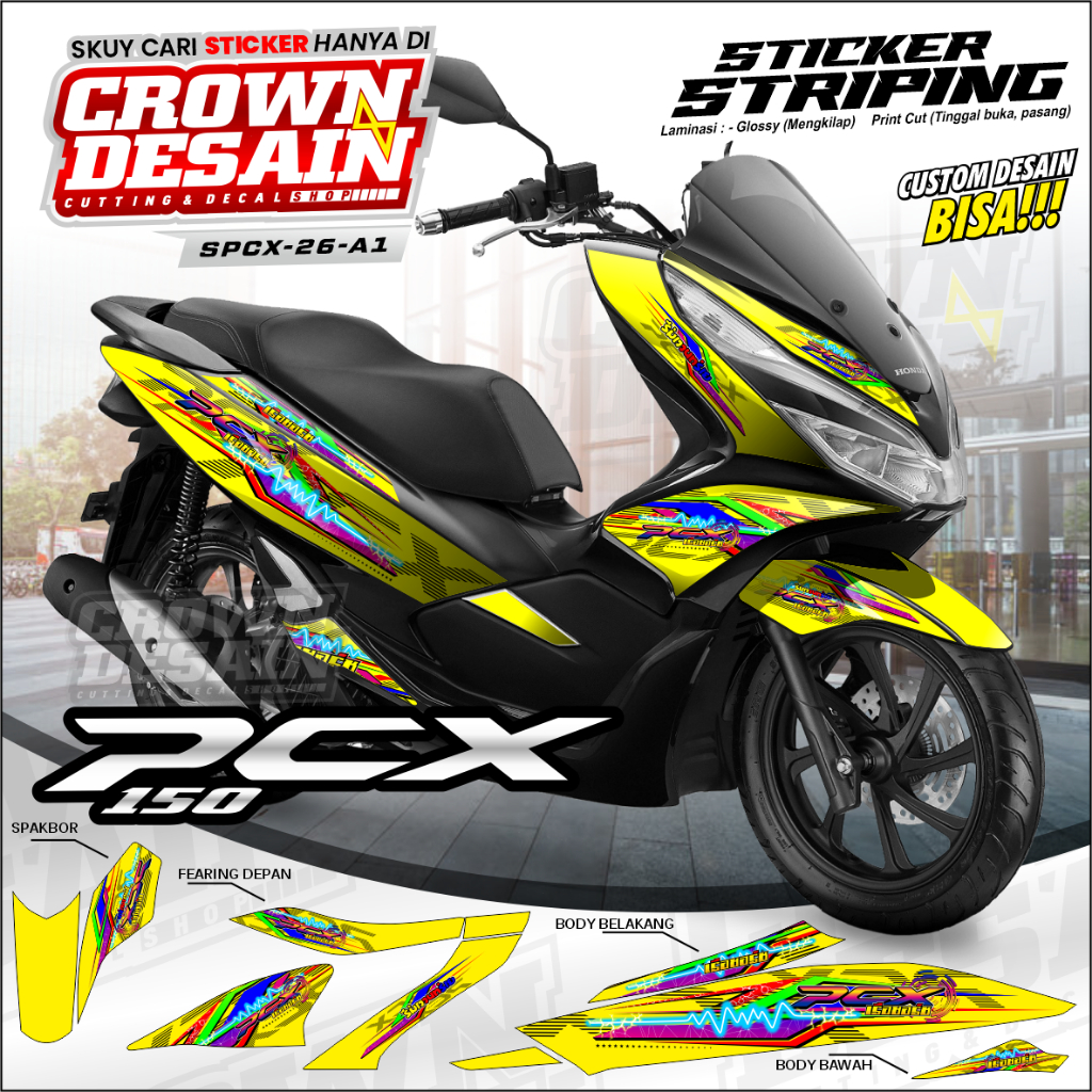 Striping PCX 150 Desain Racing Lis Kuning Rainbow - Stiker Semifull Lis Body PCX 150 - SPCX