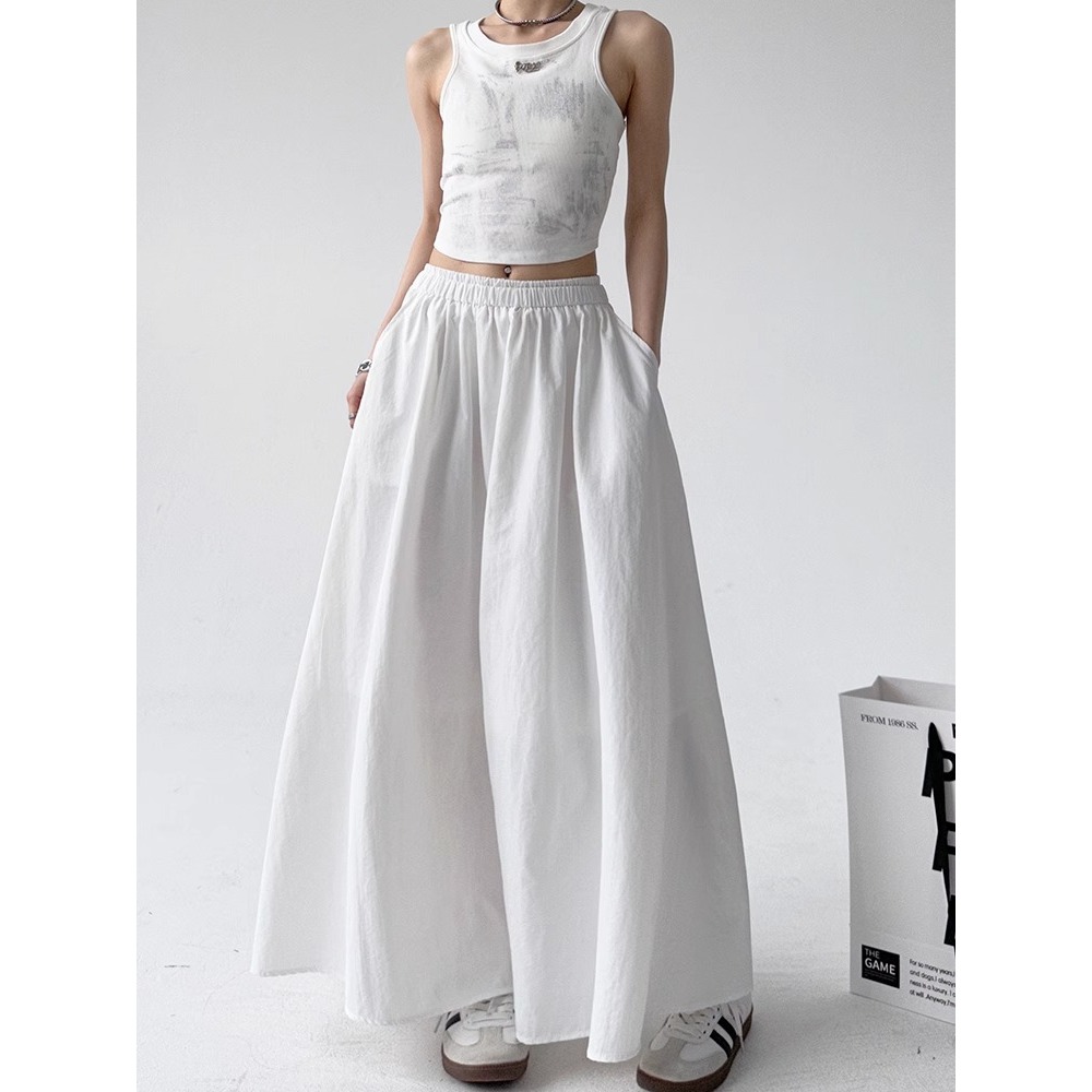 Rok A-line highwaist Wanita/ Rok highwaist loose Putih/7/8 Rok lebar payung/Rok Maxi Kasual Korea ve