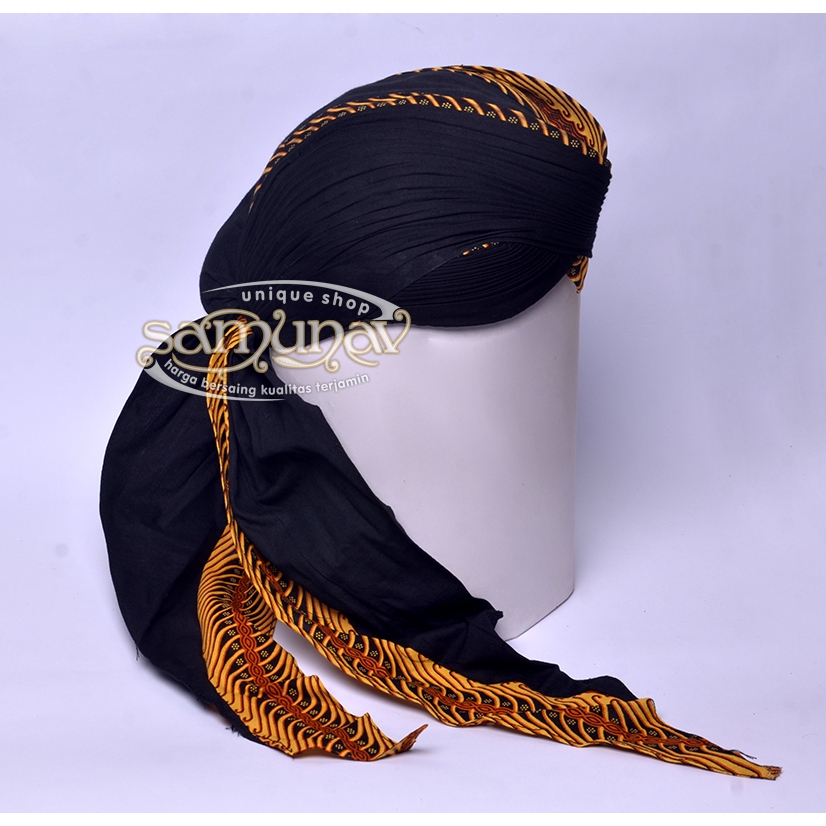 Blangkon Lipat Jogja klewer Hitam Motif Samurai Kuning Full