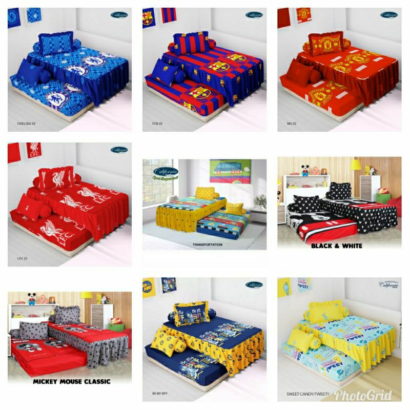 Sprei california sorong/duo/susun(120x200)motif karakter anak/bola:Mu,chelsea,barcelona,Liverpool,in