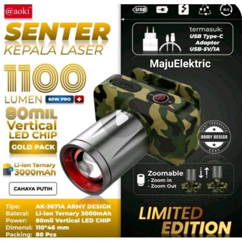 Aoki Senter Zoom Kepala LED AOKI Zoom AK - 3671 A 60W Army Super Terang