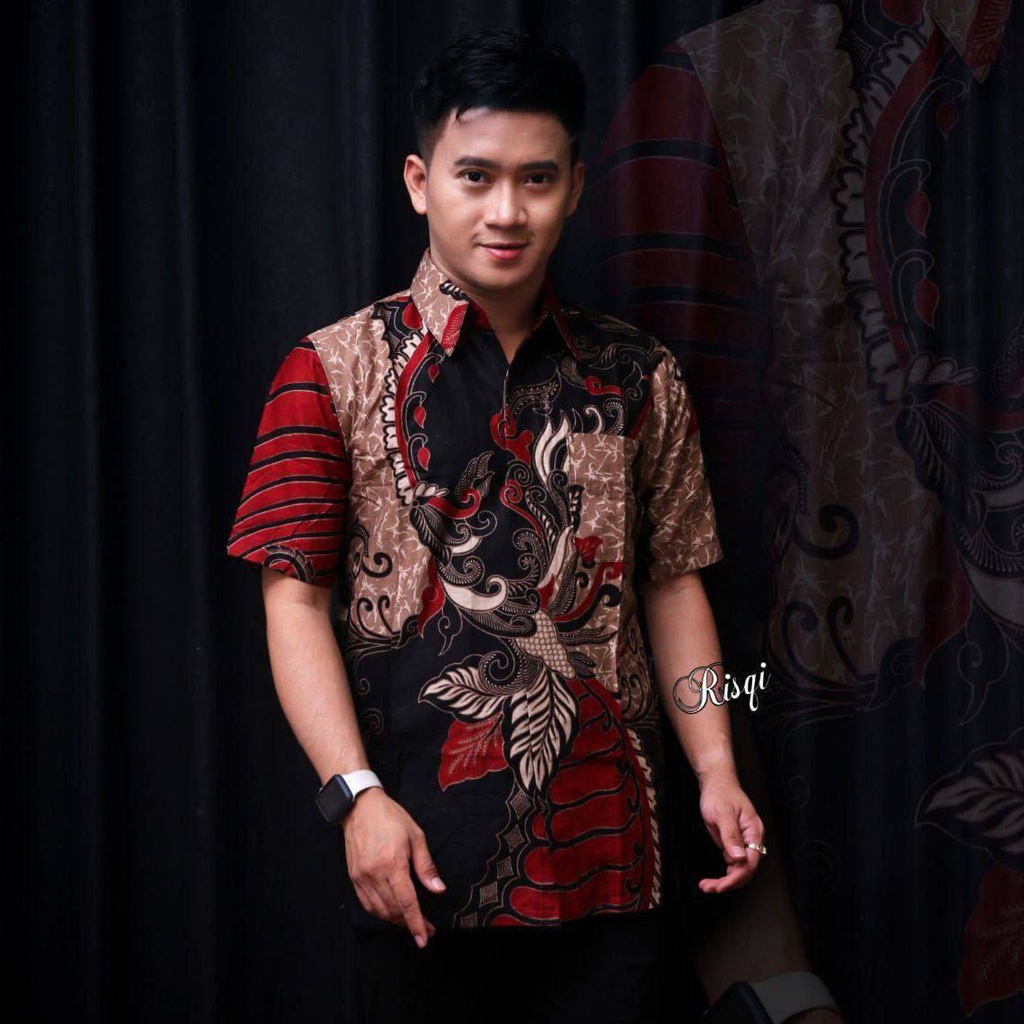 Kemeja Hem Baju Batik Pria Lengan Pendek motif Sangkuriang Merah Katun