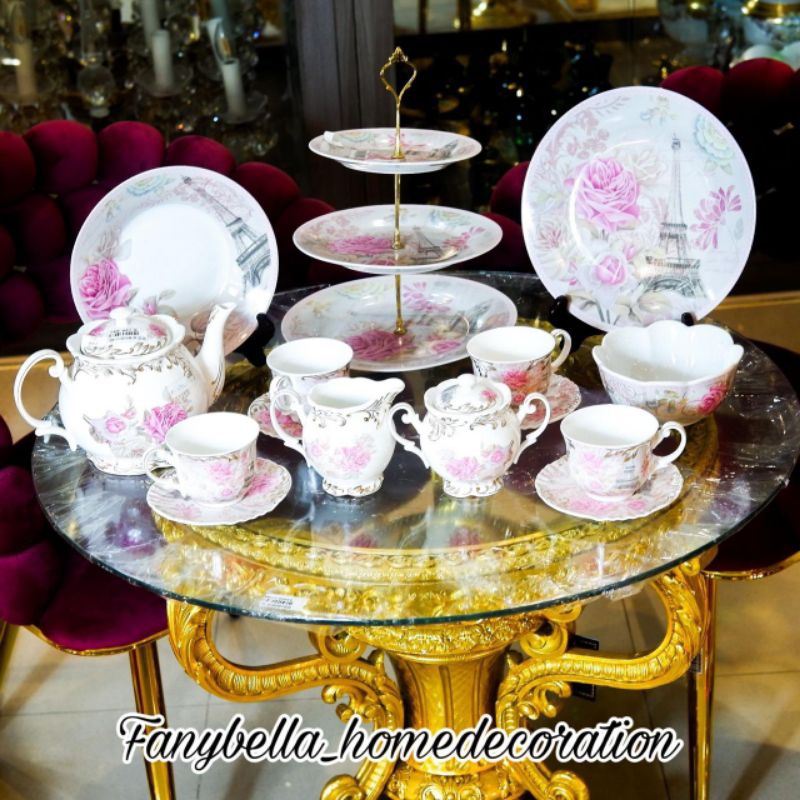 Prasmanan  Tier Mangkok piring keramik Tea Set motif  Paris Pink Shabby Lebaran  motif Bunga Pink De