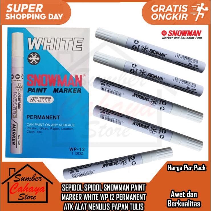 

SEPIDOL SPIDOL SNOWMAN PAINT MARKER WHITE WP 12 PERMANENT ATK ALAT MENULIS PAPAN TULIS BARANG BUKU WARNA PUTIH POTIH SNOWMEN PERMANEN WATERPROF TAHAN AIR BOLPOINT BOLPOIN BOLPEN ATK SEKOLAH SD SMP SEPIDUL SEPEDOL