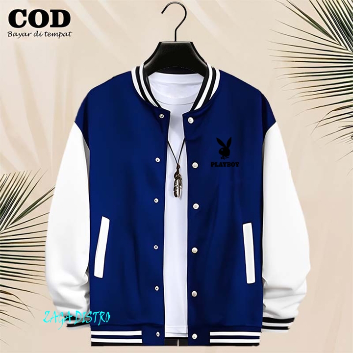 BISA COD Jaket Bomber Varsity Baseball Kancing Playboy Text Hitam Jaket Varsity Pria / Baseball Dist