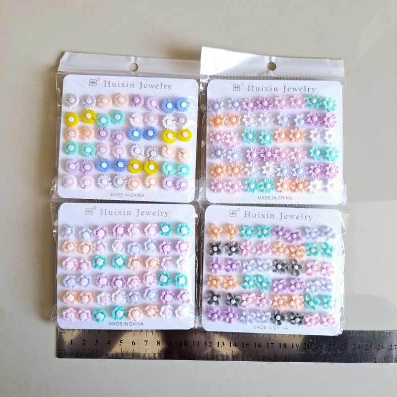 Anting Bunga Plastik Tusuk Besi Per Kar Lembar 24pasang JNY Grosir