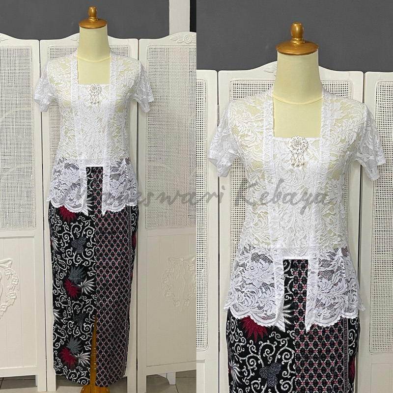 Kebaya Bali Set Brukat Pendek Putih Rok Silver