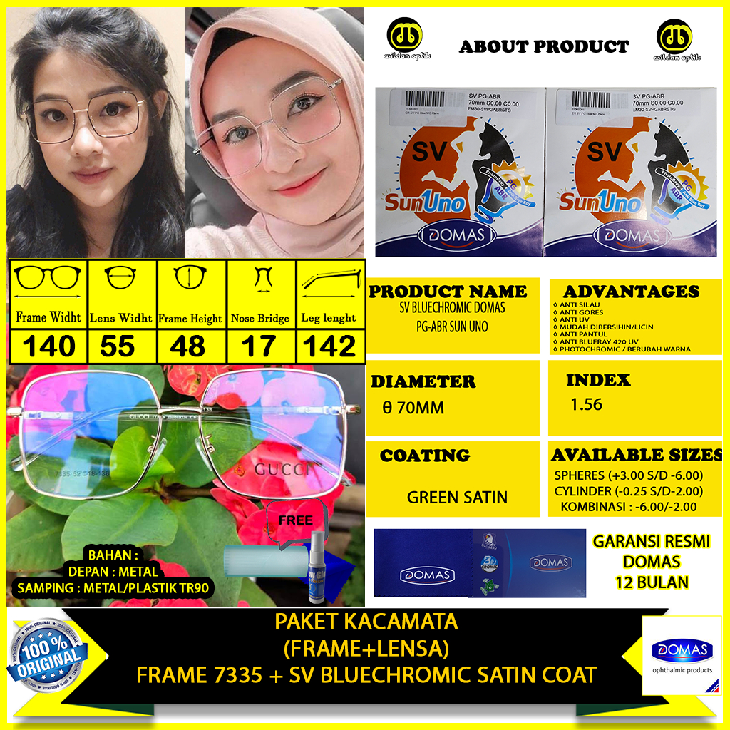 PAKET KACAMATA(FRAME + LENSA) 7335 BLUECHROMIC SUN UNO DOMAS