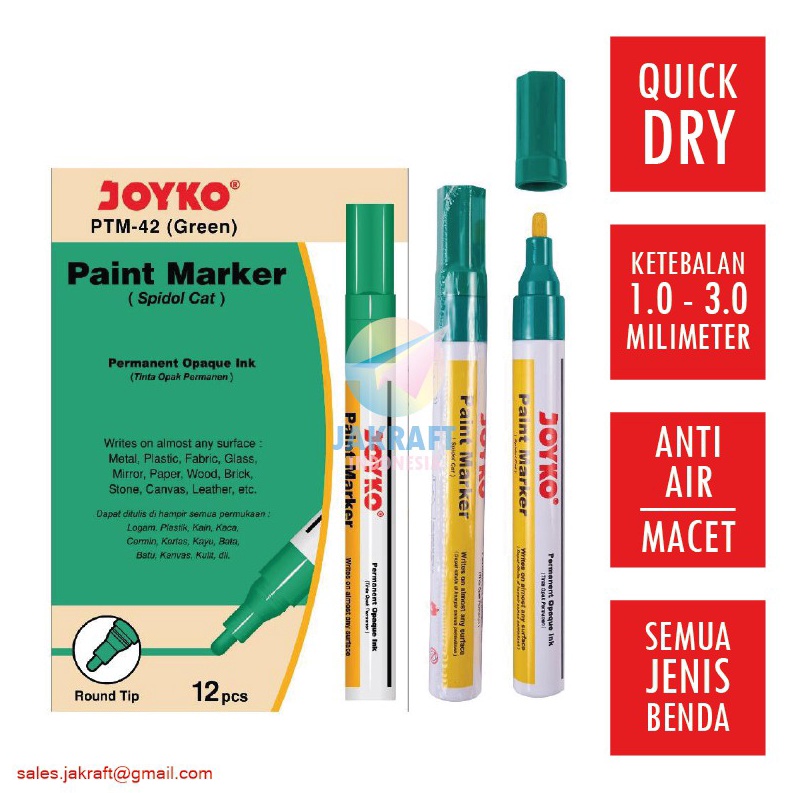 

SPESIAL DISKON 1 Pcs Spidol Cat Permanent Paint Marker JOYKO PTM42 Hijau Green Serbaguna Permanen Tidak Bisa Dihapus