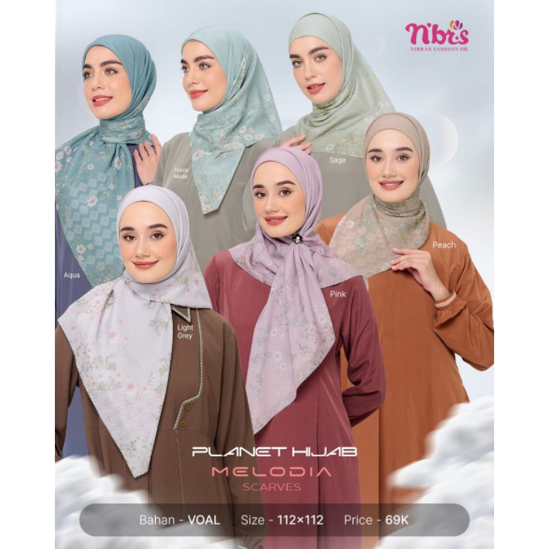 MELODIA SCARVES/HIJAB NIBRAS TERBARU/HIJAB WANITA MOTIF/SCARF MOTIF TERBARU/HIJAB SEGI EMPAT/NIBRAS 