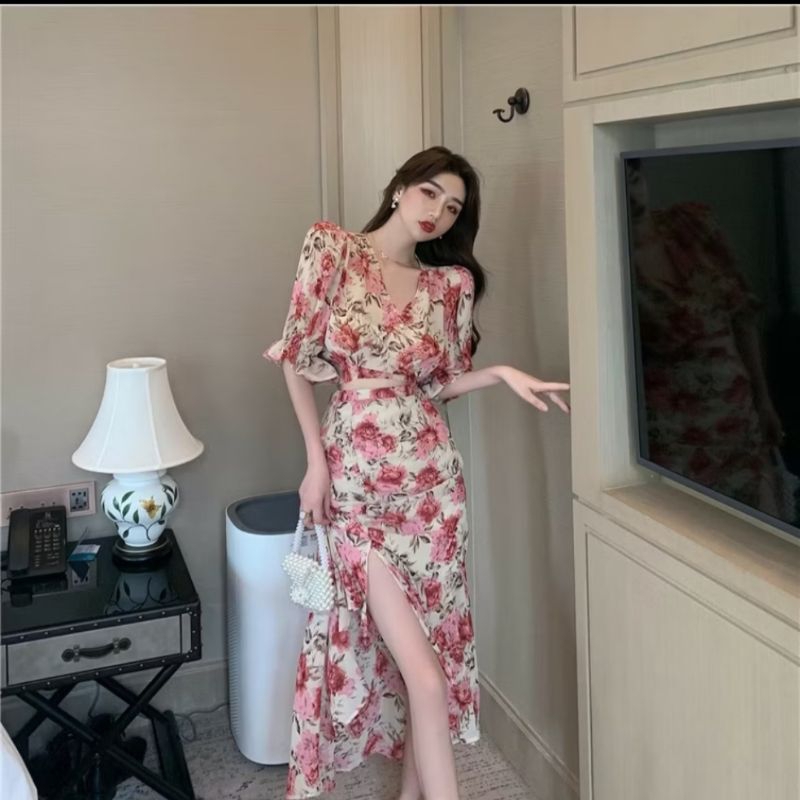 SUMMER DRESS FLORAL ONE SET MOTIF LD100CM LP 70 80CM BUNGA BAJU GAUN PANTAI REMPEL SLIT IKAT PITA BL