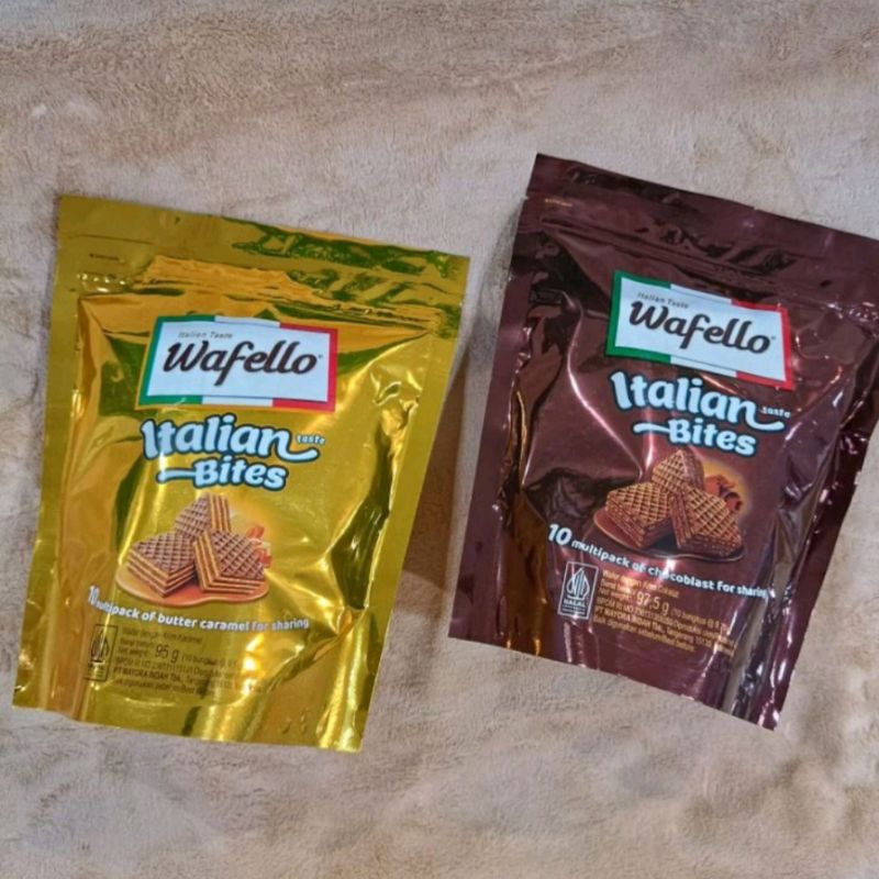 

Wafello Wafer Italian Bites Coklat & Caramel Pouch Isi 10 & 24Pcs