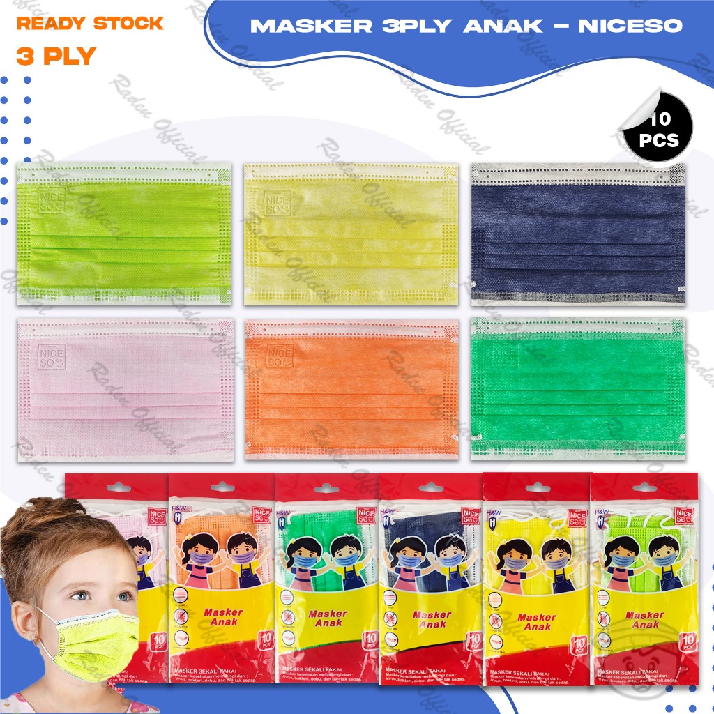 Masker Anak Medis 3Ply NICESO Isi 10Pcs Warna Warni 3 Ply Earloop Surgical Mask Kemenkes