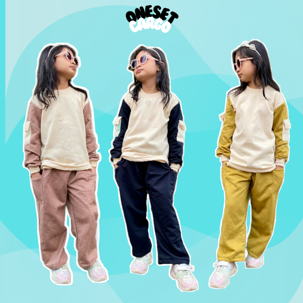 One Set Sweatpants Cargo Anak Perempuan Setelan Baju Polos Cewe Bahan Katun Tebal
