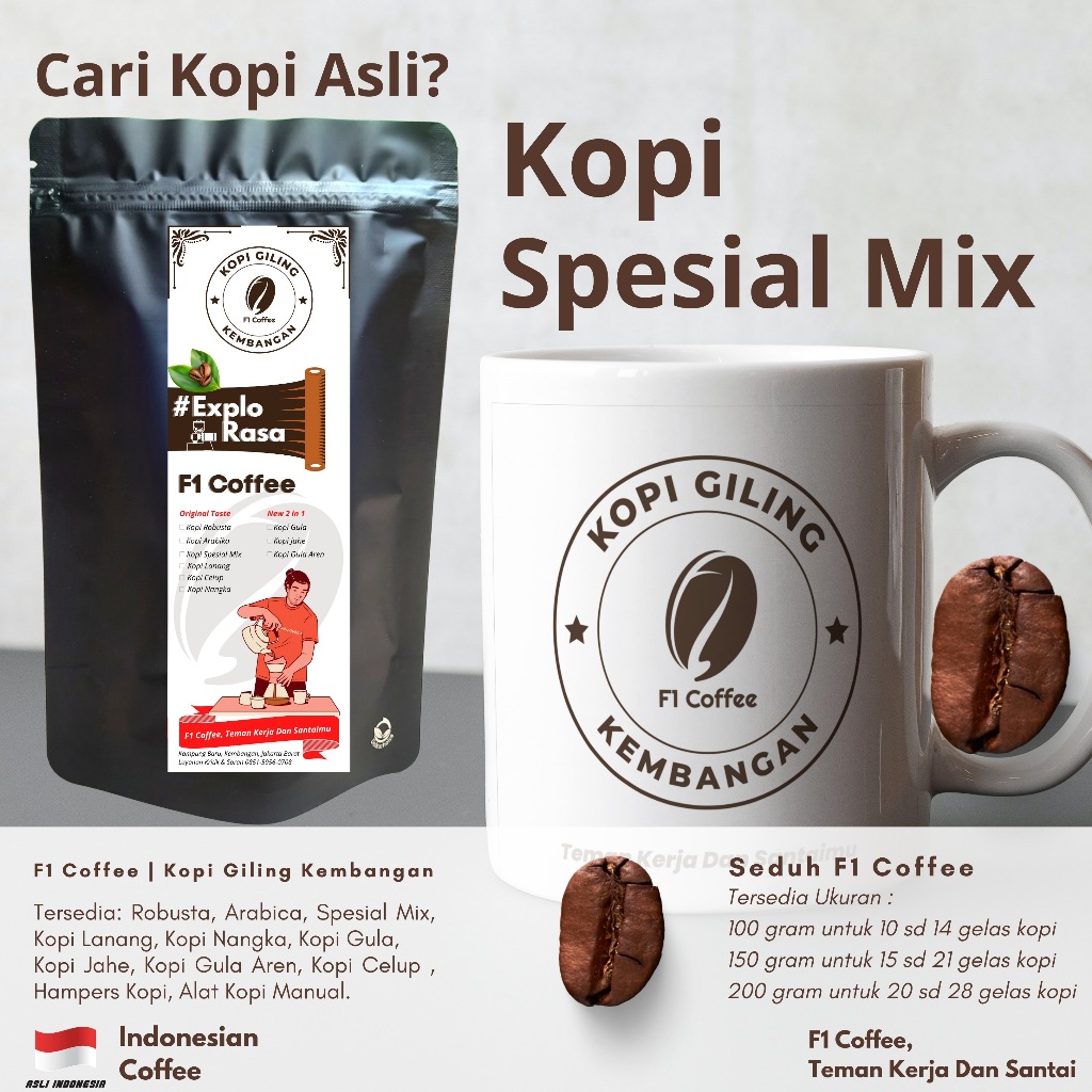 

Spesial Blend Mix Premium Kopi giling Kembangan F1 Coffee Indonesian Coffee Harum Dan Nikmat