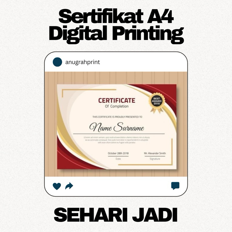 

SEHARI JADI Cetak Sertifikat A4 Digital Printing Full Colour Print