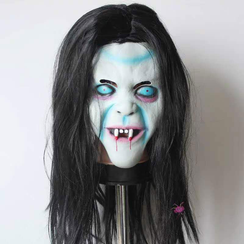 Spesial Topeng Latex Wajah  Penyihir Horor Halloween Rambut Panjang Kutukan Hantu Sadako Impor