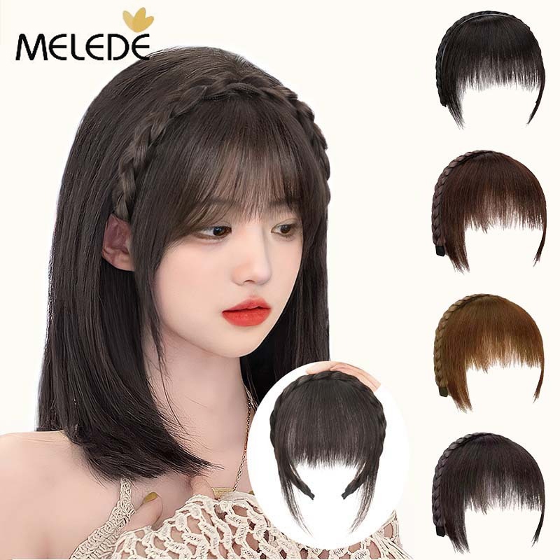 MELEDE Bando Kepang berponi/Bando rambut kepang poni lurus/Wig Poni Rambut Palsu Model Tulang Ikan