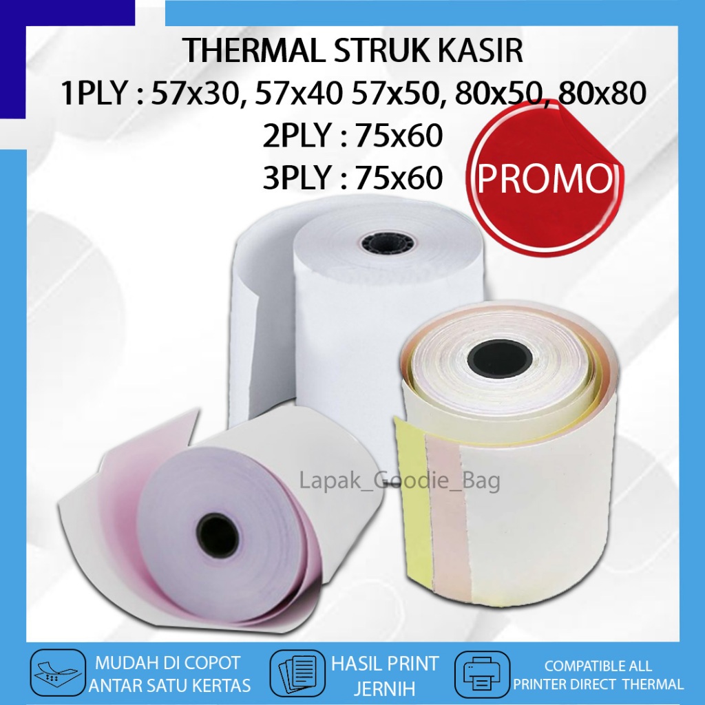 

Kertas Thermal Struk Kasir Nota Belanja 1 PLY 57X30 57X50 80X50 80X80 LABEL HVS Cetak Bon Toko Parkir Antrian