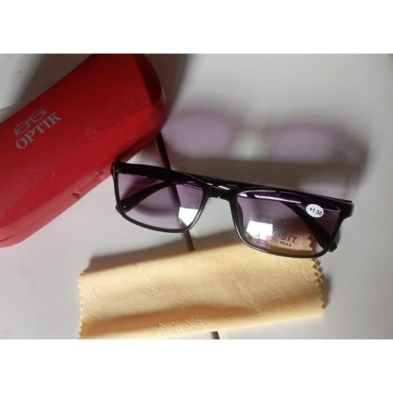 KACAMATA PLUS BACA DAN JALAN DOUBLE LENSA WARNA HITAM TRANPARAN